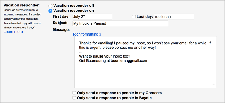 Vacation responder setting in Gmail