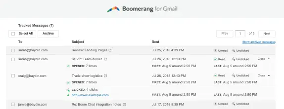 Screenshot showing tracked messages 
